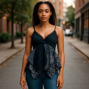 Festival Black Silk White Floral Lace Multi Layer Asymmetrical Camisole Top